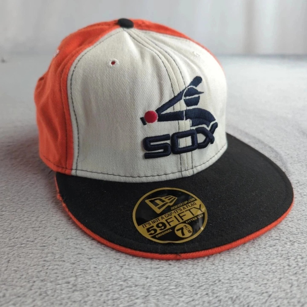 Vintage New Era Chicago White Sox Hat Mens 7 3/8 Orange Cooperstown Fitted Cap